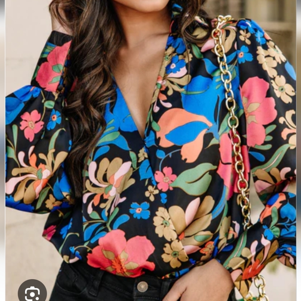 SALE--Vici Floral V-Neck Blouse Bodysuit - Black, Blue, Pink, Green, Tan